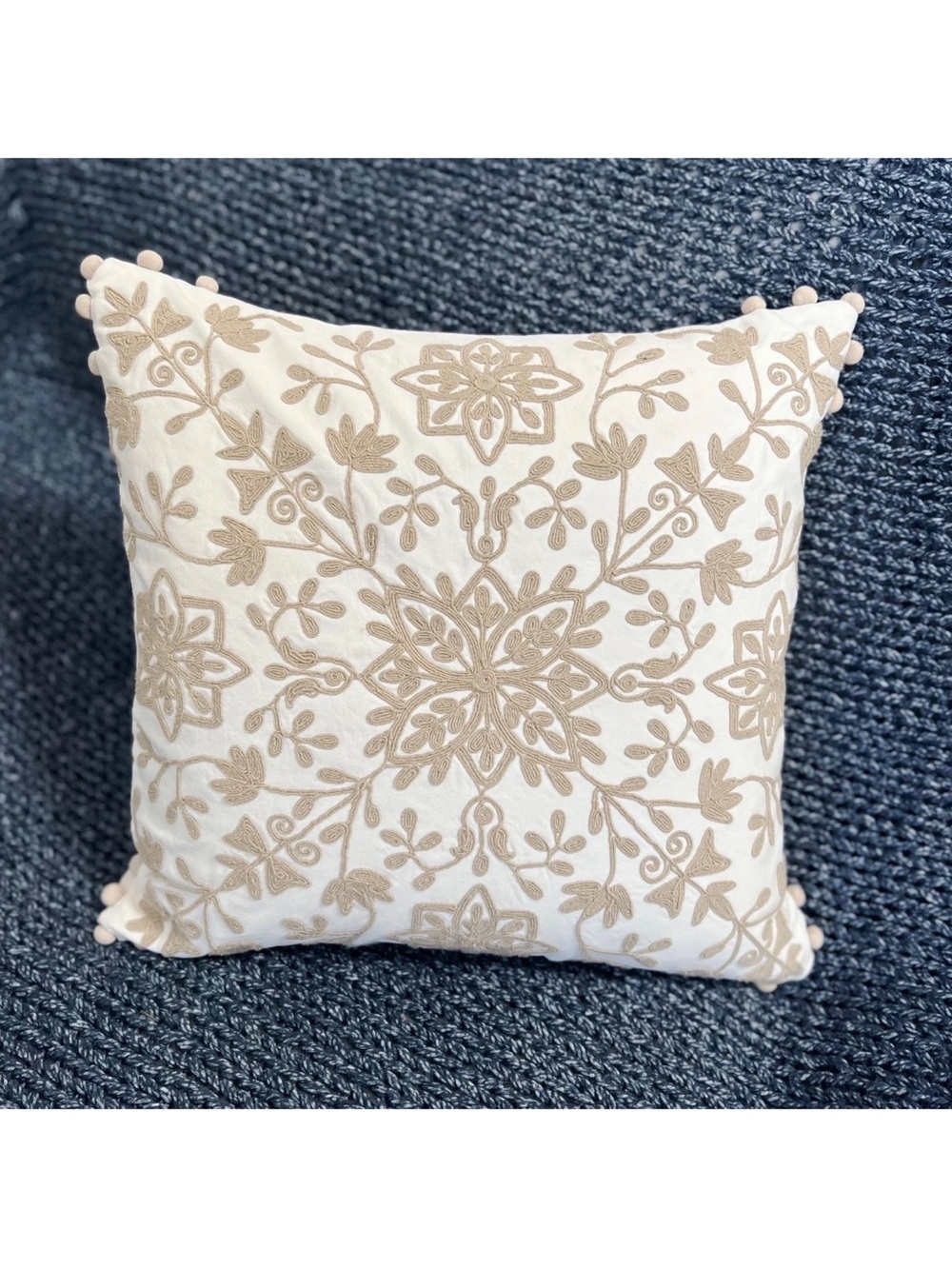 (1) POTTERY BARN  Embroidered  18" SQUARE pillow COVER  Natural Tan Cream Ivory